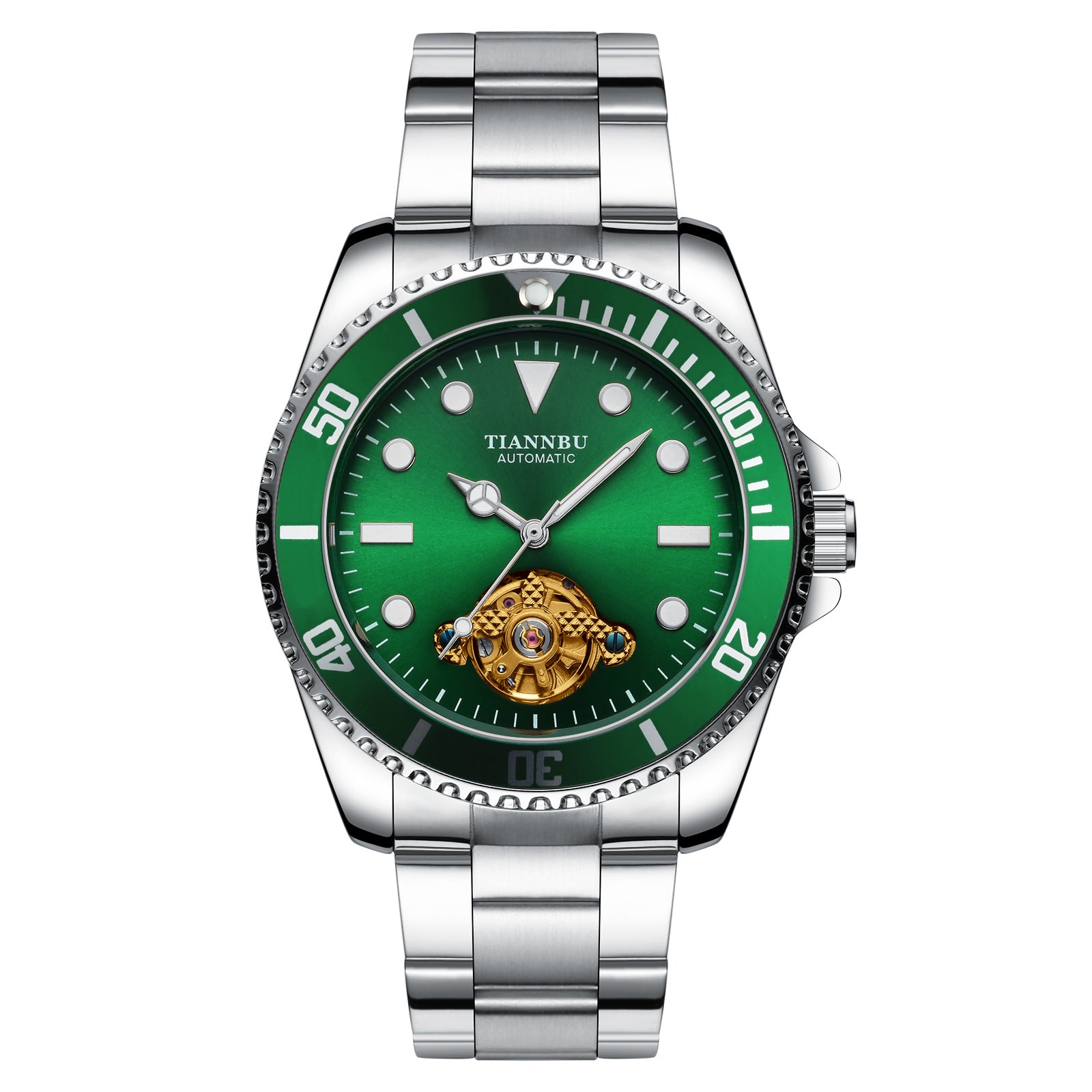 Color: Silver white green - Automatic Men's Waterproof Luminous Machinery
