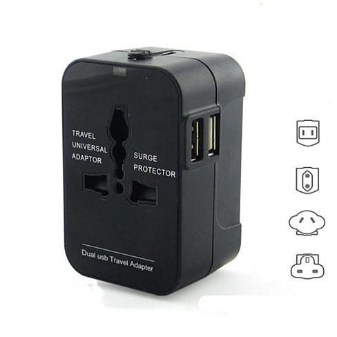 Load image into Gallery viewer, Color: Black - Worldwide Power Adapter and Travel Charger with Dual USB ports that works in 150 countries
