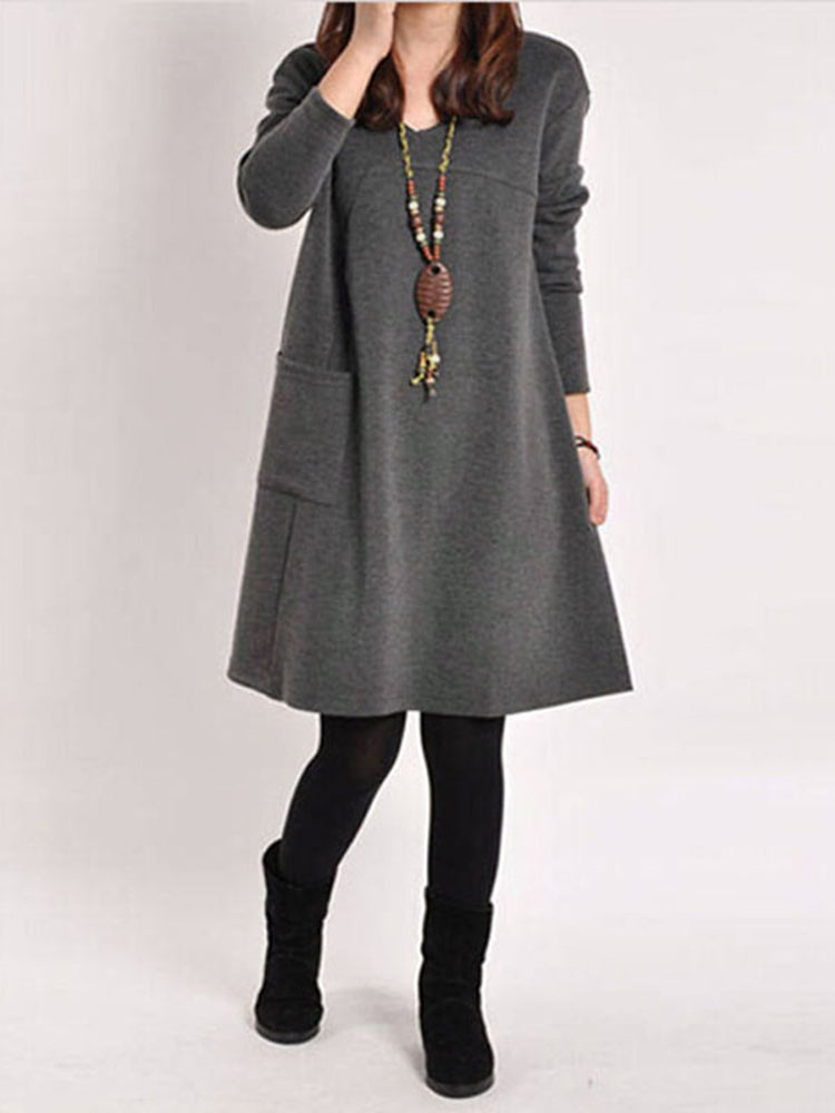 Casual Women Solid Color V-Neck Pocket Long Sleeve Mini Dress