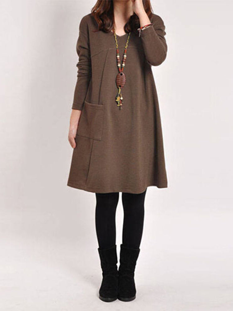 Casual Women Solid Color V-Neck Pocket Long Sleeve Mini Dress