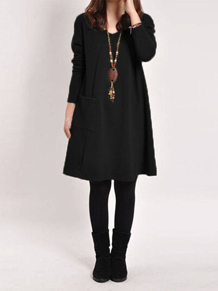 Casual Women Solid Color V-Neck Pocket Long Sleeve Mini Dress