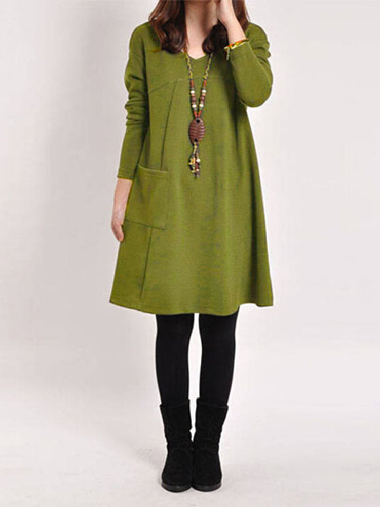 Casual Women Solid Color V-Neck Pocket Long Sleeve Mini Dress