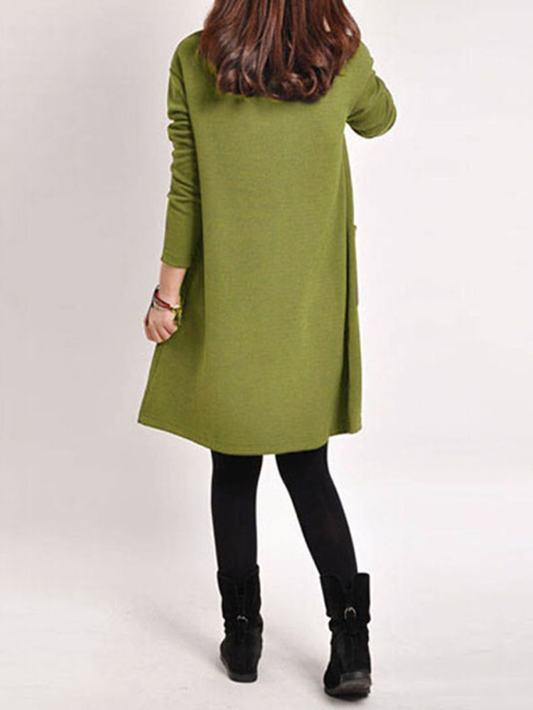 Casual Women Solid Color V-Neck Pocket Long Sleeve Mini Dress
