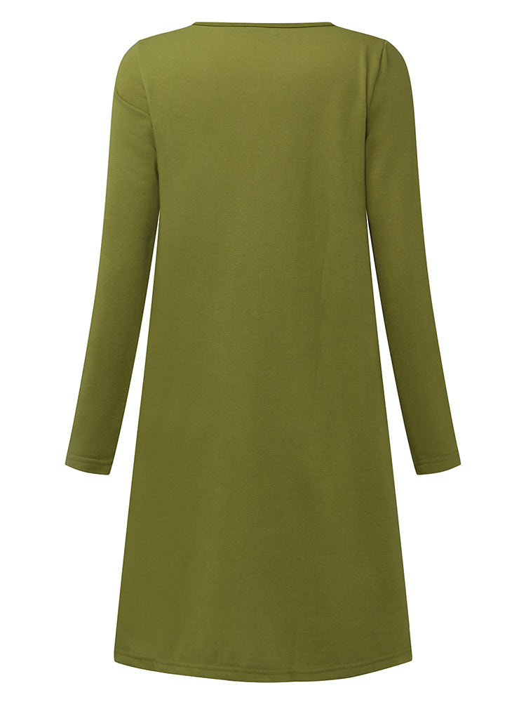 Casual Women Solid Color V-Neck Pocket Long Sleeve Mini Dress
