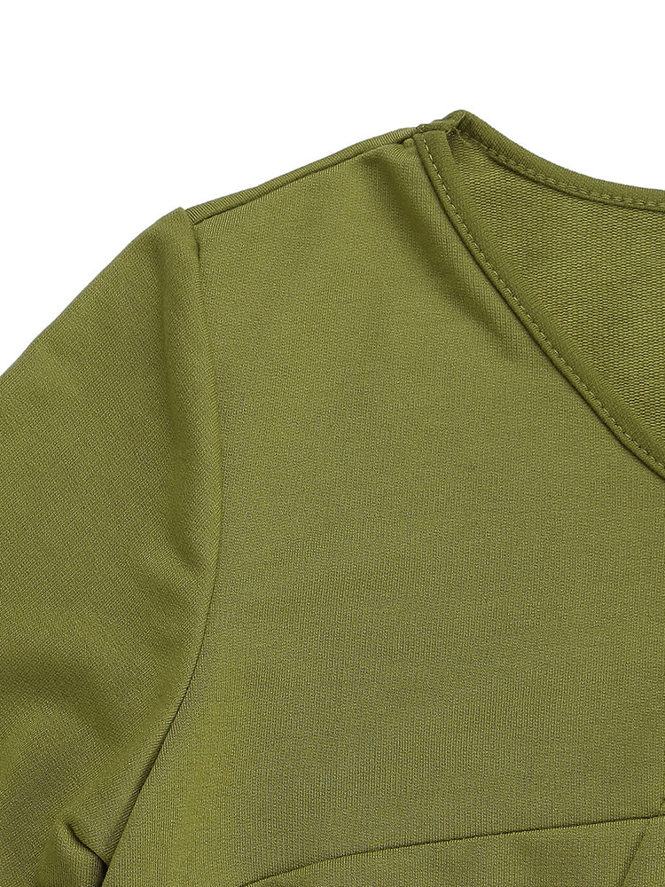Casual Women Solid Color V-Neck Pocket Long Sleeve Mini Dress