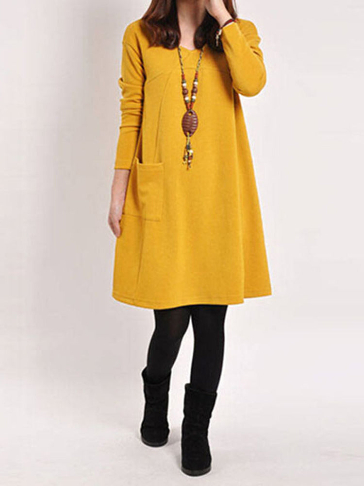 Casual Women Solid Color V-Neck Pocket Long Sleeve Mini Dress