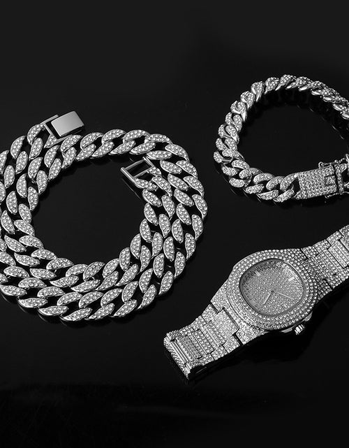 Load image into Gallery viewer, Color: Silver, Size: 24inch - Cuban Chain Necklace Bracelet Watch Set
