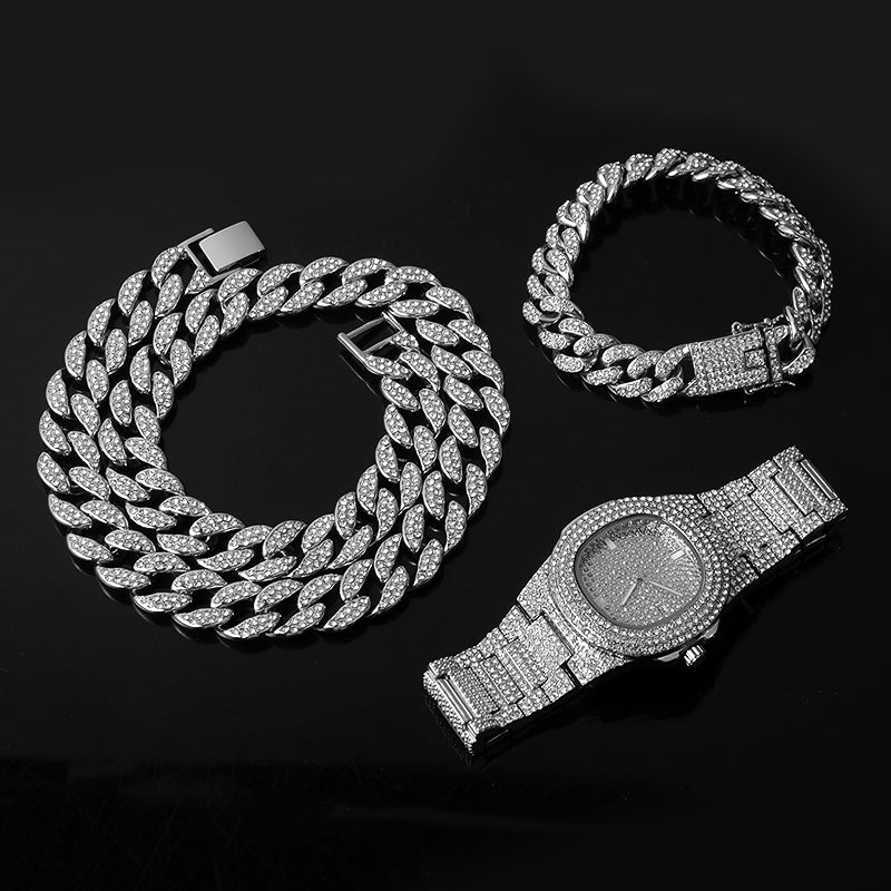 Color: Silver, Size: 24inch - Cuban Chain Necklace Bracelet Watch Set