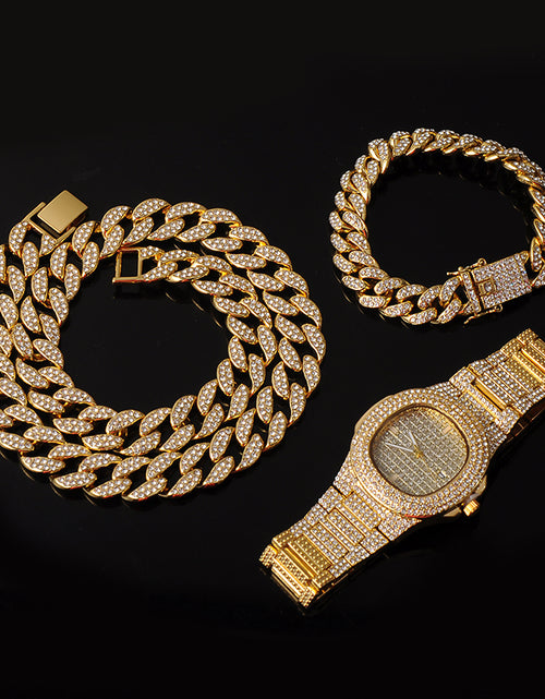 Load image into Gallery viewer, Color: Gold, Size: 30inch - Cuban Chain Necklace Bracelet Watch Set
