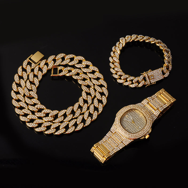 Color: Gold, Size: 30inch - Cuban Chain Necklace Bracelet Watch Set