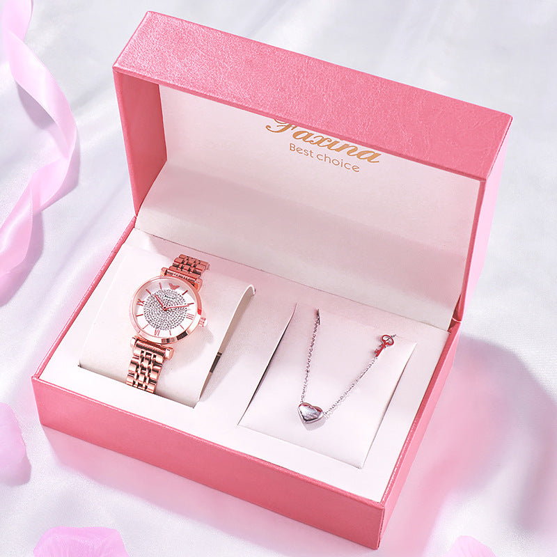 Color: Full rose gold gypsophila suit - Watch Jewelry Necklace Full Of Star Watch Electronic Watch Set