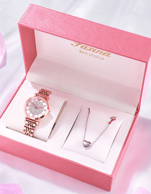 Load image into Gallery viewer, Color: Full rose gold gypsophila suit - Watch Jewelry Necklace Full Of Star Watch Electronic Watch Set
