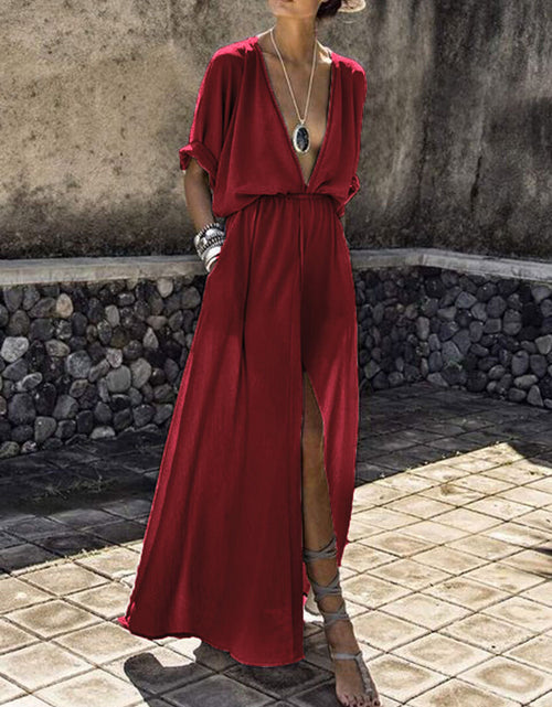 Load image into Gallery viewer, Color: Wine red, Size: XL - deep V  split fork dress long dress
