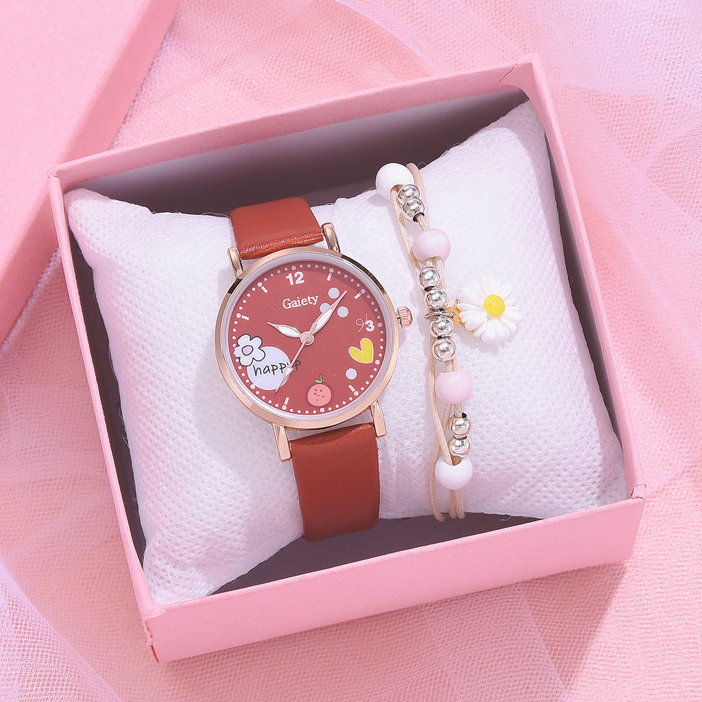 Color: Red Bracelet - Gaiety new women''s fashion Pu Watch Bracelet combination set student girl gift factory direct sale