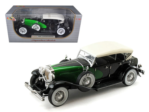 Load image into Gallery viewer, 1934 Duesenberg Model J Black and Green with Cream Top 1/18 Diecast Model Car by Signature Models
