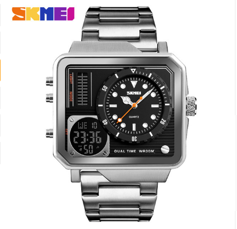 Color: silvery - Multi-function watch outdoor sports double display business fashion big dial waterproof male electronic watch