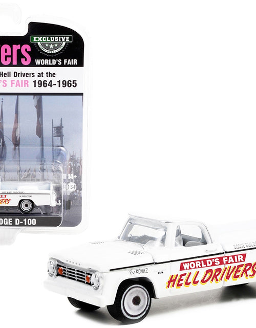 Load image into Gallery viewer, 1966 Dodge D-100 Pickup Truck White &quot;Hell Drivers&quot; &quot;New York World&#39;s Fair&quot; (1964-1965) &quot;Hobby Exclusive&quot; 1/64 Diecast Model Car by Greenlight
