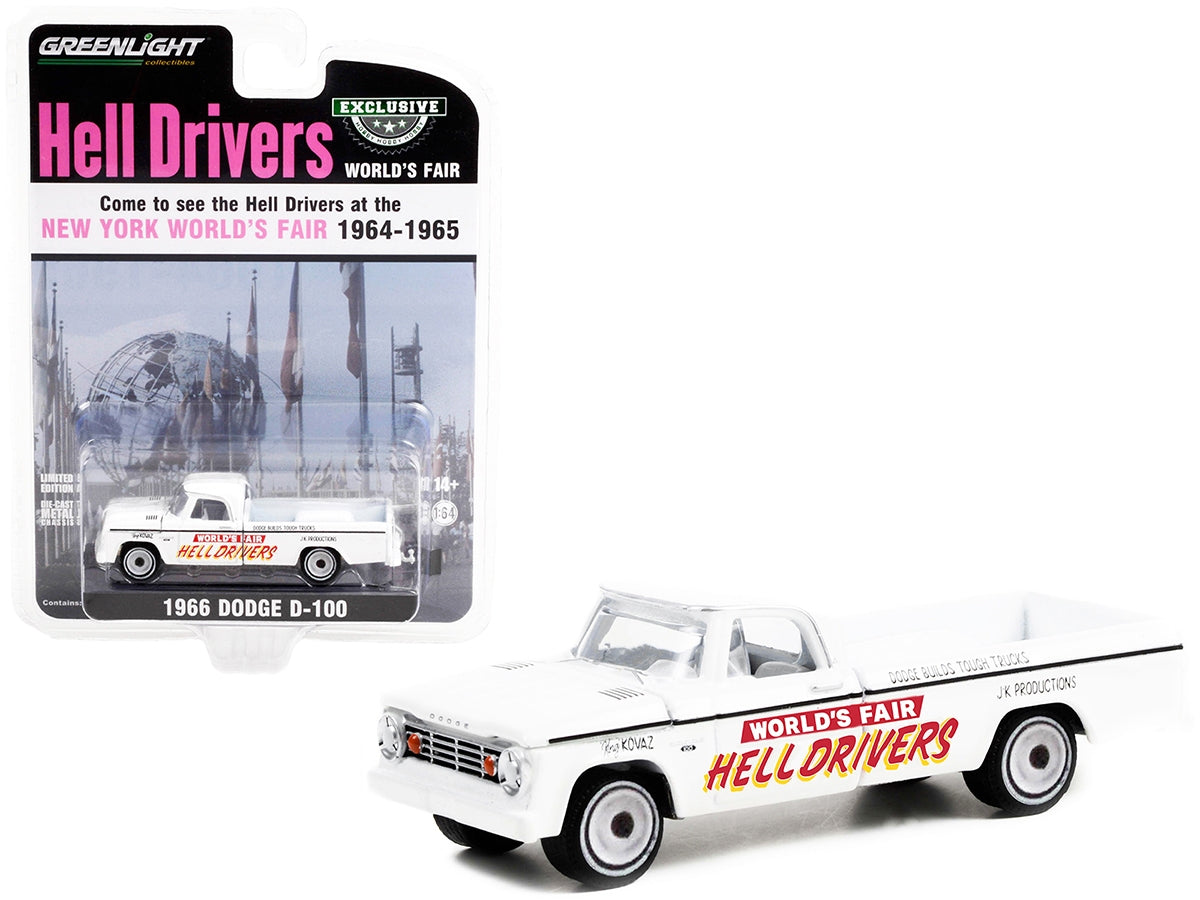 1966 Dodge D-100 Pickup Truck White "Hell Drivers" "New York World's Fair" (1964-1965) "Hobby Exclusive" 1/64 Diecast Model Car by Greenlight