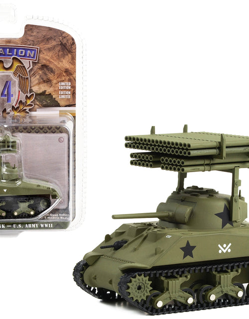 Load image into Gallery viewer, 1945 M4 Sherman Tank U.S. Army World War II &quot;40th Tank Battalion 14th Armored Division with T34 Calliope Rocket Launcher&quot; &quot;Hobby Exclusive&quot; Series 1/64 Diecast Model by Greenlight
