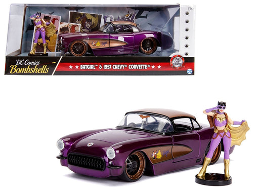 Load image into Gallery viewer, 1957 Chevrolet Corvette Purple with Batgirl Diecast Figurine &quot;DC Comics Bombshells&quot; Series 1/24 Diecast Model Car by Jada
