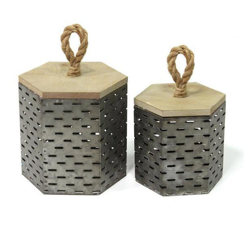Load image into Gallery viewer, Set Of 2 Rustic Farmhouse Decorative Metal Canisters
