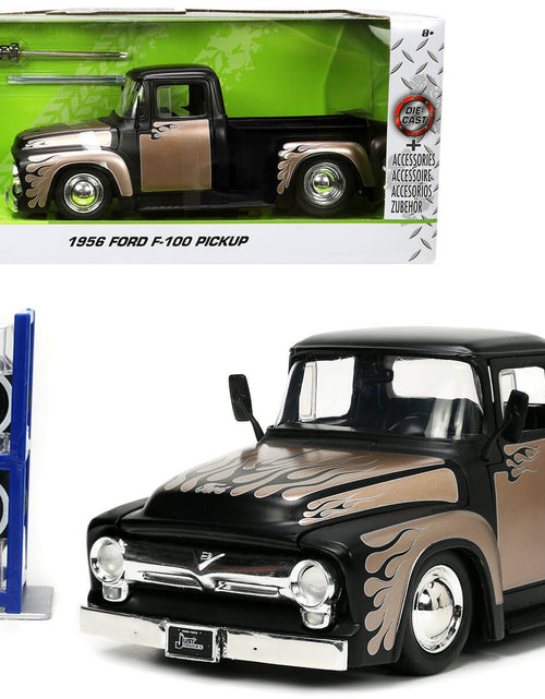 Load image into Gallery viewer, 1956 Ford F-100 Pickup Truck Matt Black and Champagne with Flames with Extra Wheels &quot;Just Trucks&quot; Series 1/24 Diecast Model Car by Jada
