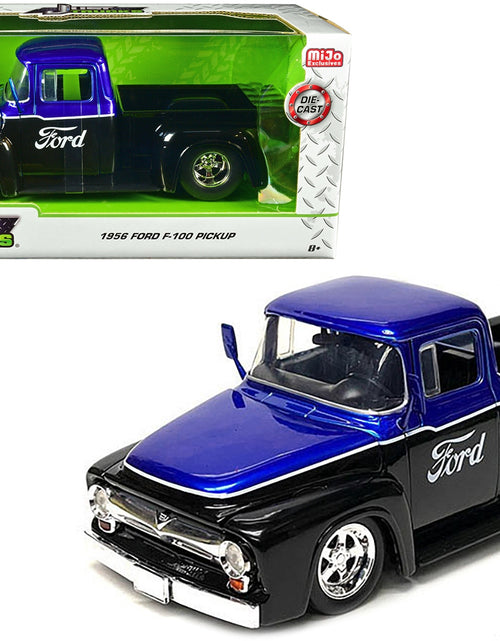 Load image into Gallery viewer, 1956 Ford F-100 Pickup Truck Black and Blue Metallic with Ford Graphics &quot;Just Trucks&quot; Series 1/24 Diecast Model Car by Jada
