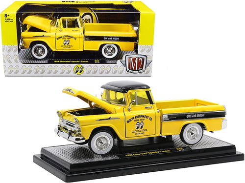 Load image into Gallery viewer, 1958 Chevrolet Apache Cameo Pickup Truck &quot;Mooneyes&quot; Yellow and Black Limited Edition to 7000 pieces Worldwide 1/24 Diecast Model Car by M2 Machines
