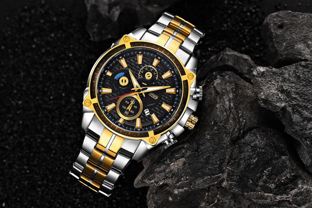 Color: Between gold and black - men''s watch fake three eyes luminous men''s watch fashion casual steel band waterproof watch t504g