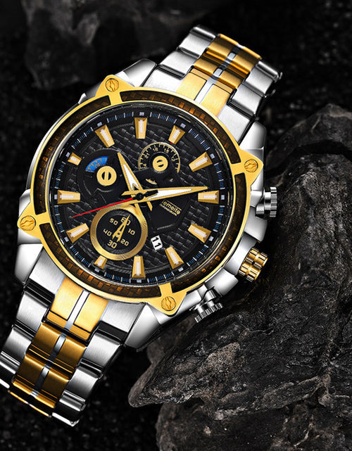 Load image into Gallery viewer, Color: Between gold and black - men&#39;&#39;s watch fake three eyes luminous men&#39;&#39;s watch fashion casual steel band waterproof watch t504g
