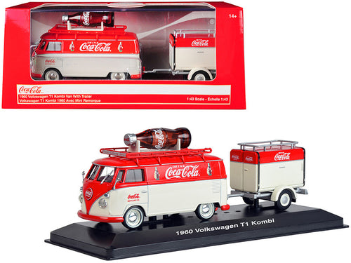 Load image into Gallery viewer, 1960 Volkswagen T1 Kombi Van with Trailer Red and Cream &quot;Coca Cola&quot; 1/43 Diecast Model Car by Motorcity Classics
