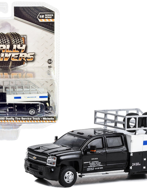 Load image into Gallery viewer, 2018 Chevrolet Silverado 3500 Dually Tire Service Truck Black &quot;Michelin: The Tire Professionals&quot; &quot;Dually Drivers&quot; Series 12 1/64 Diecast Model Car by Greenlight
