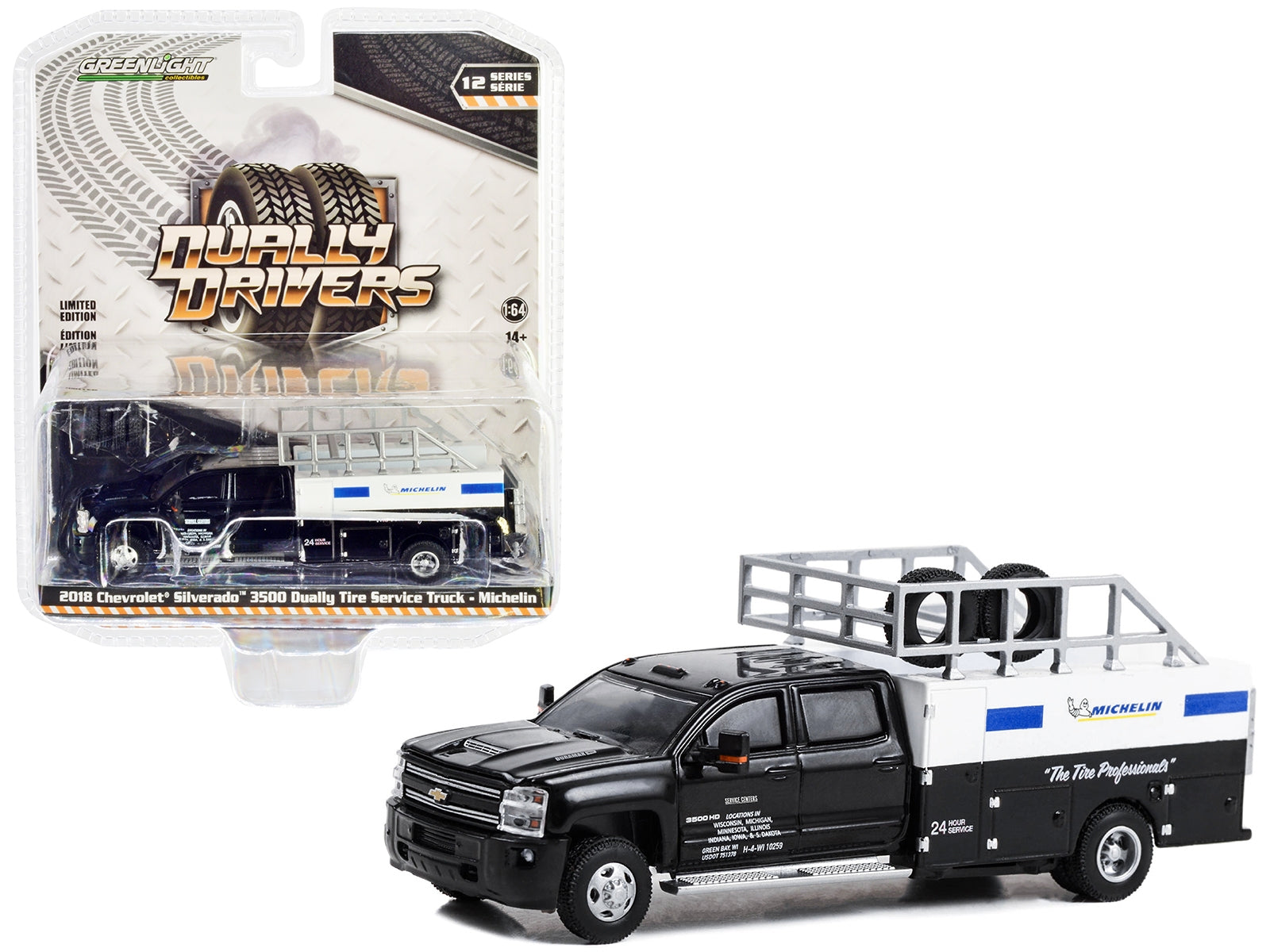 2018 Chevrolet Silverado 3500 Dually Tire Service Truck Black "Michelin: The Tire Professionals" "Dually Drivers" Series 12 1/64 Diecast Model Car by Greenlight