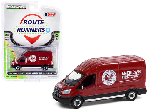 Load image into Gallery viewer, 2015 Ford Transit LWB High Roof Van Burgundy &quot;Indian Motorcycle Sales &amp; Service&quot; &quot;Route Runners&quot; Series 3 1/64 Diecast Model by Greenlight
