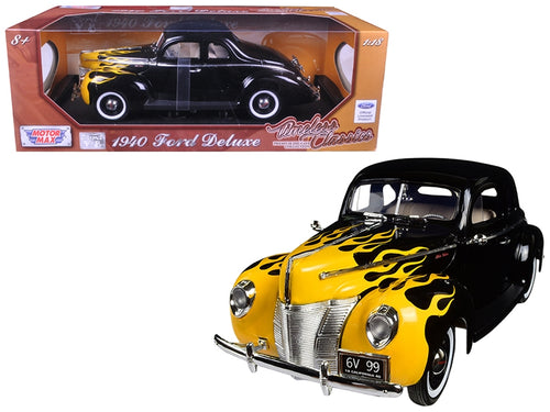 Load image into Gallery viewer, 1940 Ford Deluxe Black with Yellow Flames &quot;Timeless Classics&quot; 1/18 Diecast Model Car by Motormax
