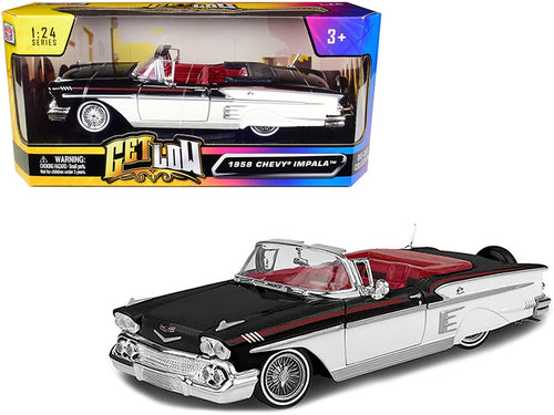 Load image into Gallery viewer, 1958 Chevrolet Impala Convertible Lowrider Black and White with Red Interior &quot;Get Low&quot; Series 1/24 Diecast Model Car by Motormax
