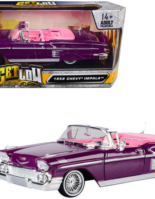 Load image into Gallery viewer, 1958 Chevrolet Impala Convertible Lowrider Purple Metallic with Pink Interior &quot;Get Low&quot; Series 1/24 Diecast Model Car by Motormax
