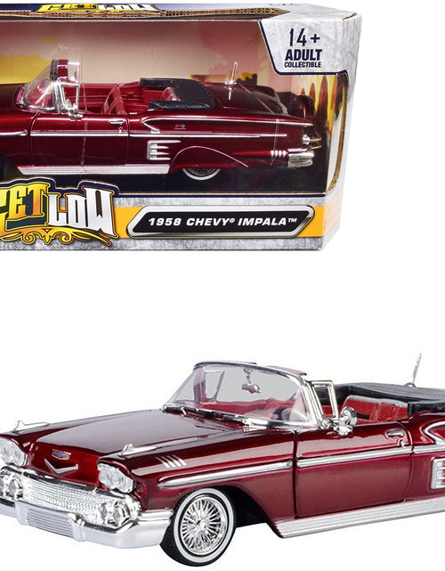 Load image into Gallery viewer, 1958 Chevrolet Impala Convertible Lowrider Dark Red Metallic with Red Interior &quot;Get Low&quot; Series 1/24 Diecast Model Car by Motormax
