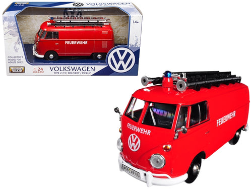 Load image into Gallery viewer, Volkswagen Type 2 (T1) Fire Van &quot;Feuerwehr&quot; Red 1/24 Diecast Model Car by Motormax
