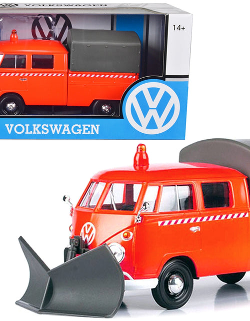 Load image into Gallery viewer, Volkswagen Type 2 (T1) Pickup Truck Orange with Snow Plow and Camper Shell 1/24 Diecast Model Car by Motormax
