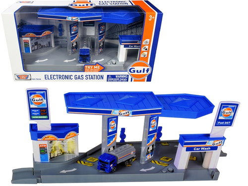 Load image into Gallery viewer, &quot;Gulf&quot; Electronic Gas Station Diorama with Light and Sound and Tanker Truck 1/64 Model by Motormax
