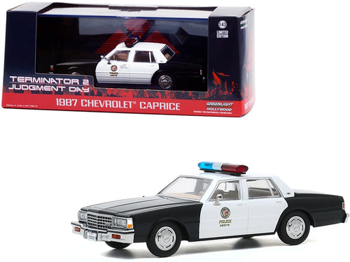 Load image into Gallery viewer, 1987 Chevrolet Caprice &quot;Metropolitan Police&quot; Black and White &quot;Terminator 2: Judgment Day&quot; (1991) Movie 1/43 Diecast Model Car by Greenlight
