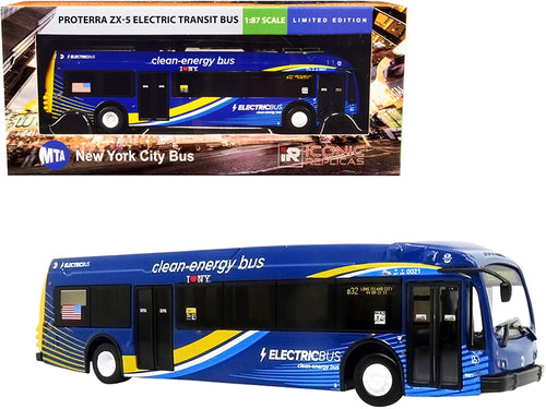 Load image into Gallery viewer, Proterra ZX5 Electric Transit Bus #B32 &quot;Long Island City&quot; &quot;MTA New York City&quot; Dark Blue with Stripes 1/87 (HO) Diecast Model by Iconic Replicas
