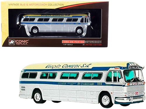 Load image into Gallery viewer, 1959 GM PD4104 Motorcoach Bus &quot;S. Paulo - Rio&quot; &quot;Viacao Cometa S.A.&quot; (Brazil) Silver and Cream with Blue Stripes &quot;Vintage Bus &amp; Motorcoach Collection&quot; 1/87 (HO) Diecast Model by Iconic Replicas
