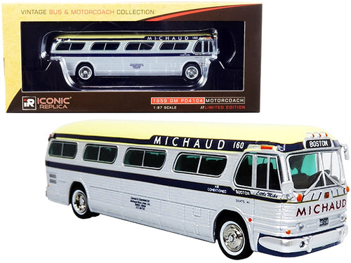 Load image into Gallery viewer, 1959 GM PD4104 Motorcoach Bus &quot;Boston&quot; &quot;Michaud Lines&quot; Silver and Cream with Dark Blue Stripes &quot;Vintage Bus &amp; Motorcoach Collection&quot; 1/87 (HO) Diecast Model by Iconic Replicas
