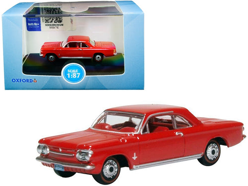 Load image into Gallery viewer, 1963 Chevrolet Corvair Coupe Riverside Red with Red Interior 1/87 (HO) Scale Diecast Model Car by Oxford Diecast
