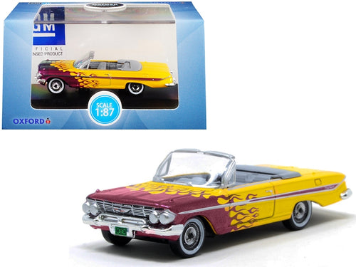 Load image into Gallery viewer, 1961 Chevrolet Impala Convertible Yellow with Purple Flames &quot;Hot Rod&quot; 1/87 (HO) Scale Diecast Model Car by Oxford Diecast
