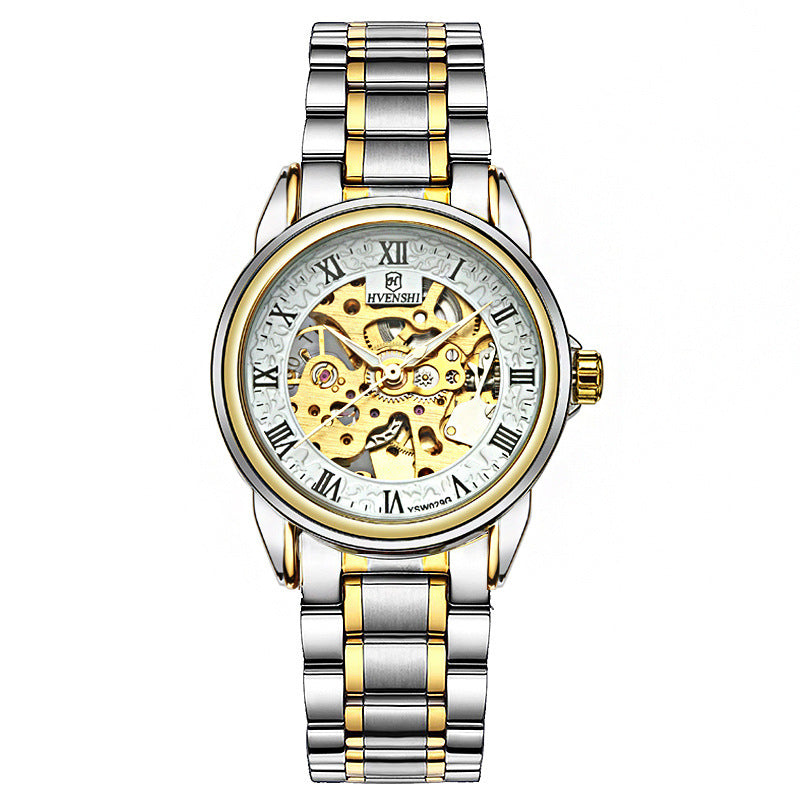 Color: Gold white steel - Double-sided hollow automatic mechanical watch