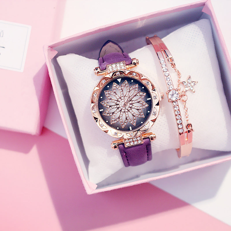 Color: Purple A - Time to run watch Fashion ladies quartz watch Diamond waterproof steel watch