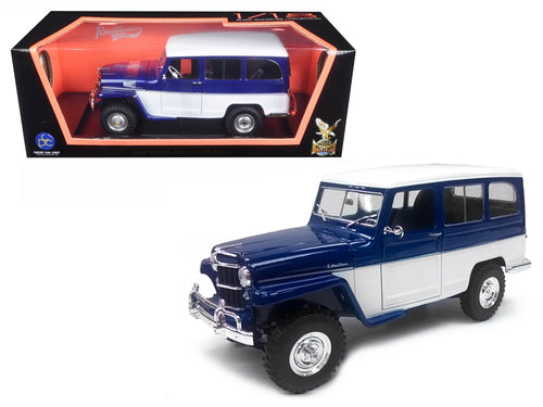 Load image into Gallery viewer, 1955 Willys Jeep Station Wagon Dark Blue and White 1/18 Diecast Model Car by Road Signature
